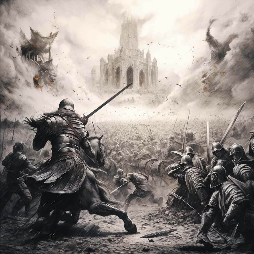 Background - a pencil stlye drawing of a medieval battle