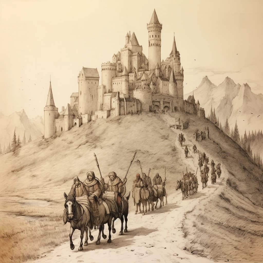 Background - a pencil drawing of people on horseback riding away from a castle