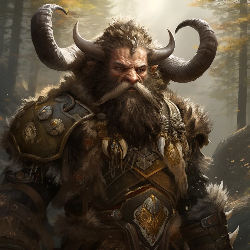 A stout dwarf with antlers looking towards the camera