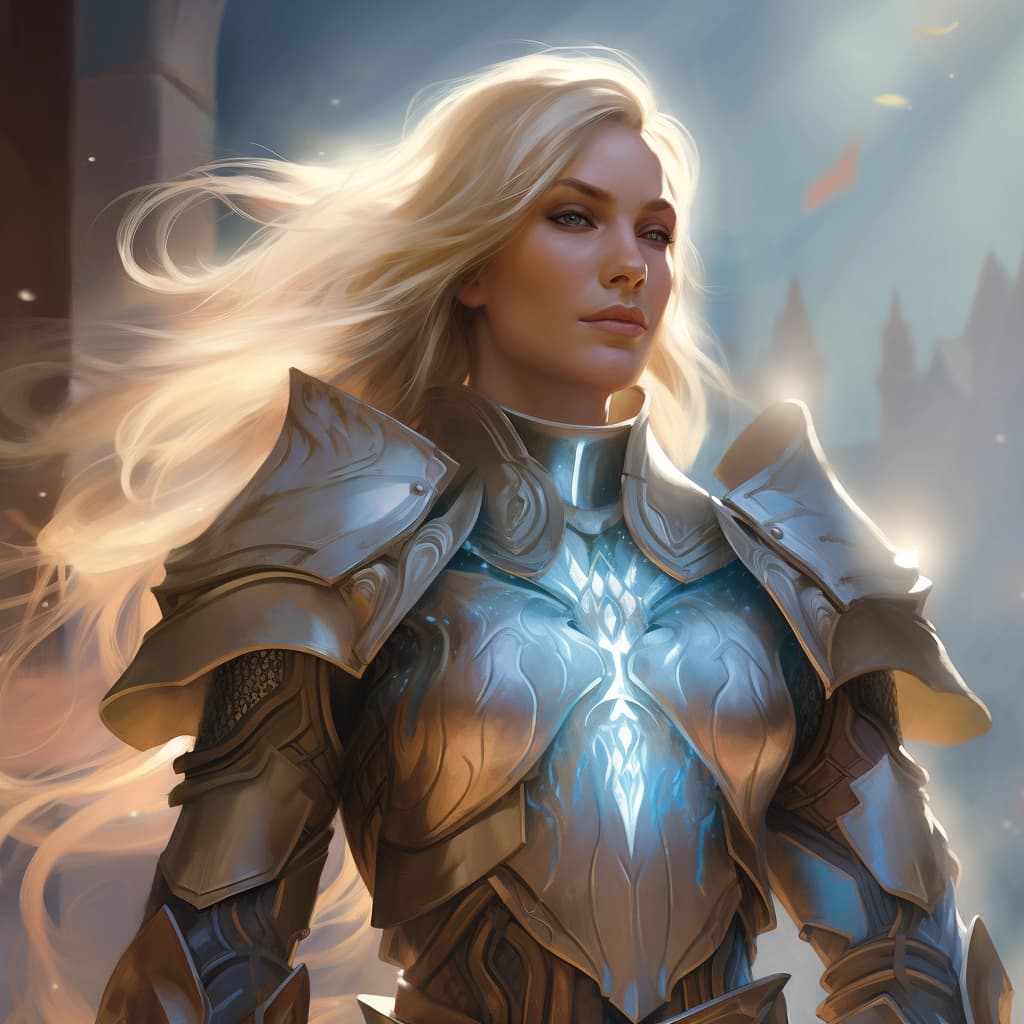 A femal elf in plate armor with flowing blonde hair