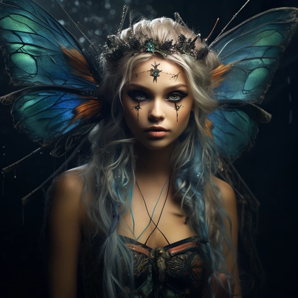 A famle fairy with pixie wings faces the camera