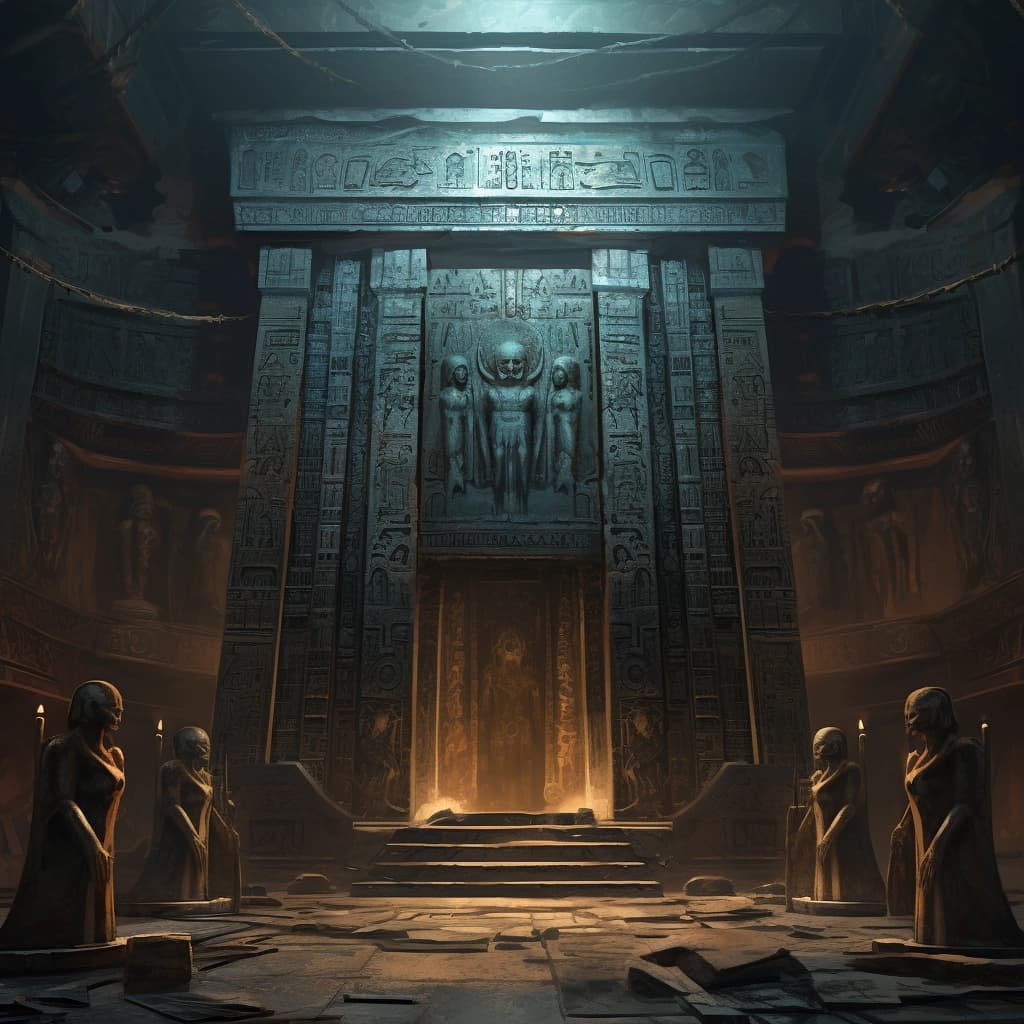 Background - a tomb with Egyptian statues in front of it