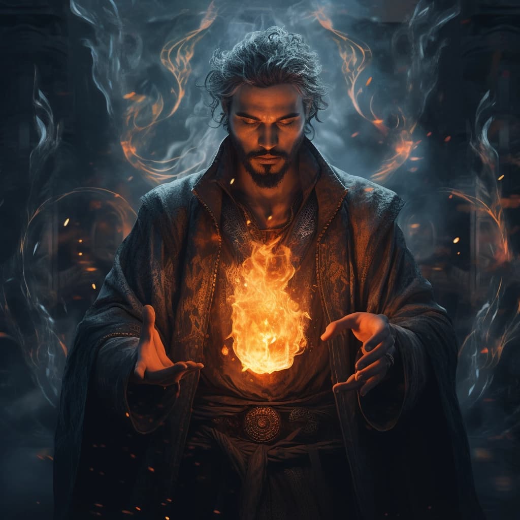 A man in flowing black robes with a ball of fire flaoting in front of him